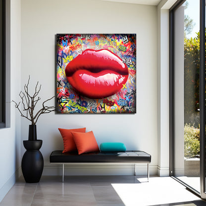 Banksy Style Sexy Lips Pop Art Canvas Wall Art, Lips Graffiti Pop Art - 249