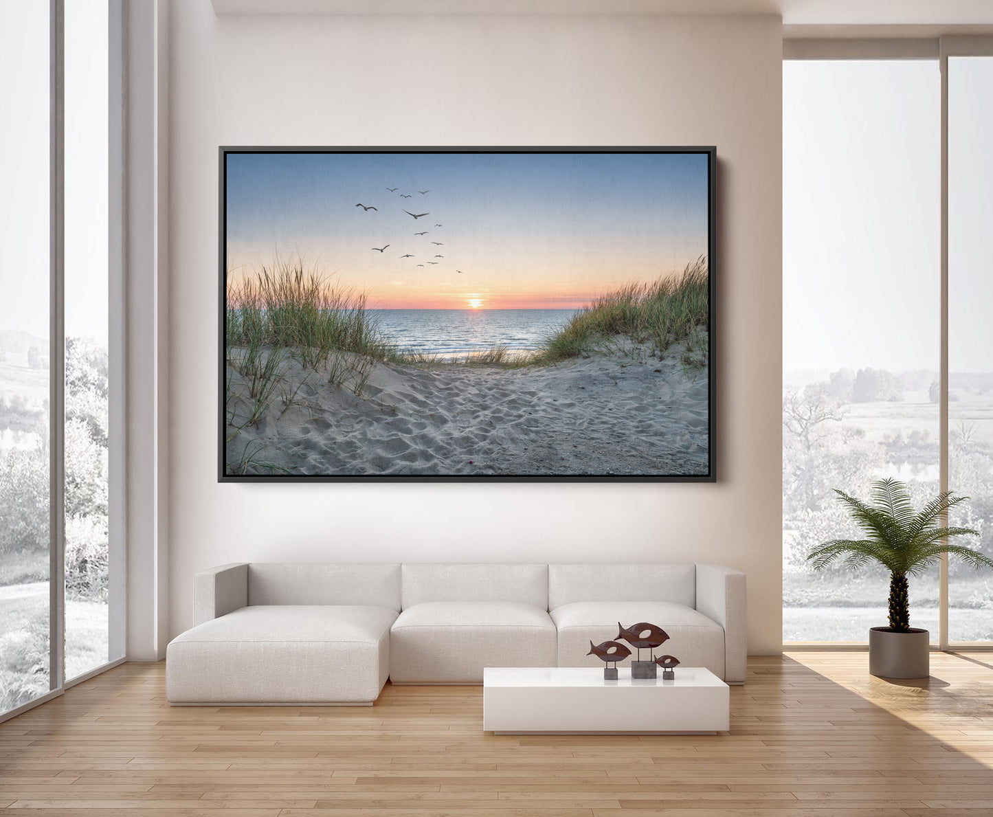 Sand Dunes On The Beach At Canvas Wall Art Sunset Birds Stunning Seascape - PPL111