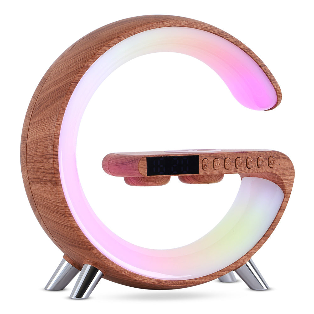 Smart G-Shaped LED Lamp with Bluetooth Speaker, Wireless Charger, and App-Controlled Ambient Lighting – Perfect for Bedroom and Home Decor