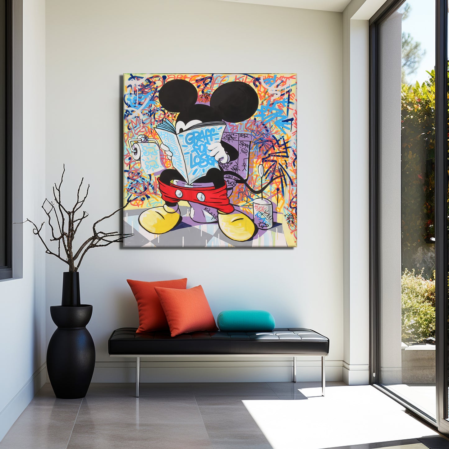 Mickey Mouse in the toilet Pop Art Canvas Print, Luxury Painting Fashion Prints - 106