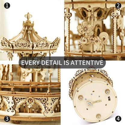 3D Wooden Puzzles Construction Model Kit DIY Music Box Building Kits Rotating - Romantic Carousel