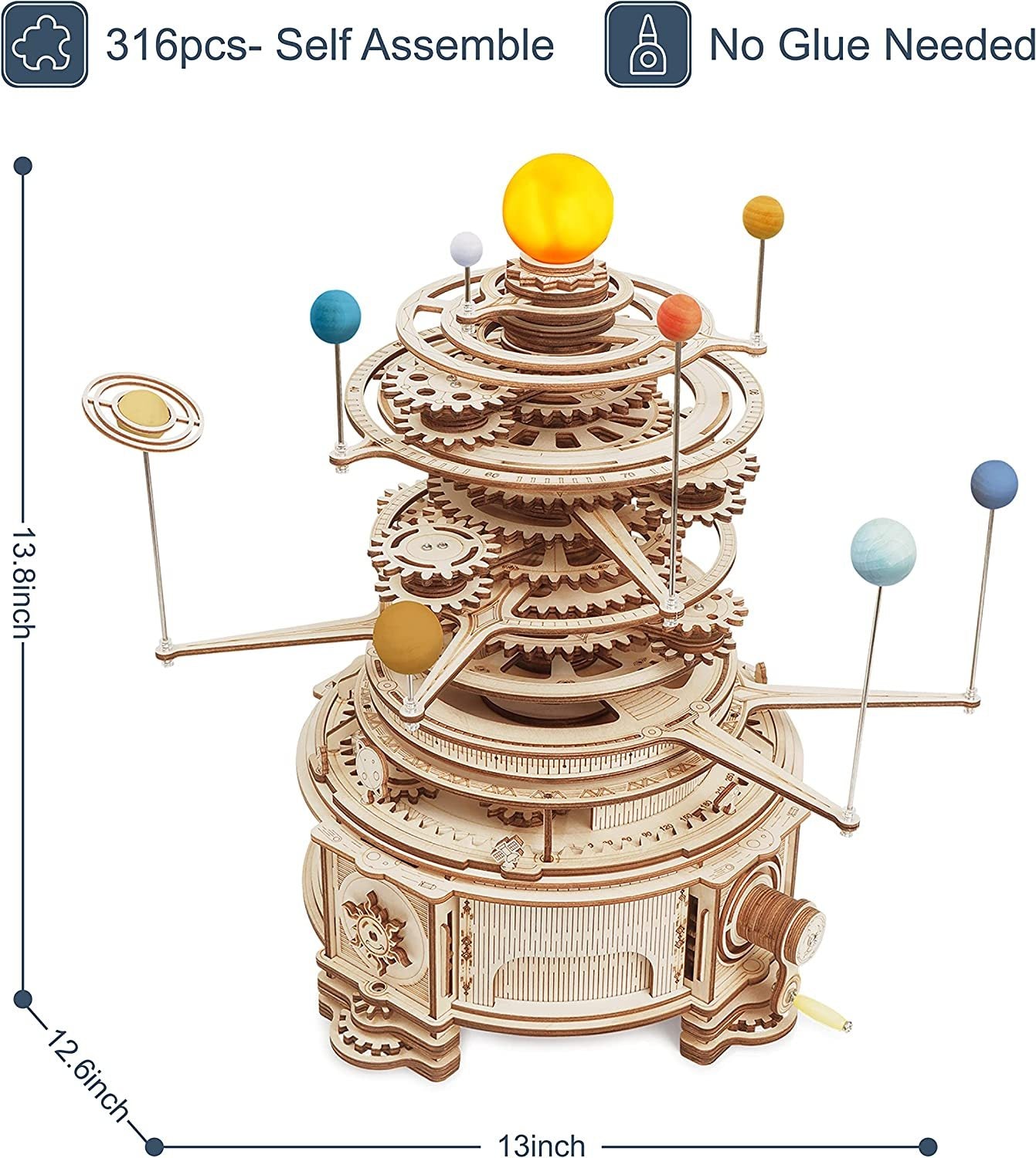 316PCS Rotatable Mechanical Orrery 3D Wooden Puzzle Games Assemble Model Building Kits Toys Gift For Children Boys