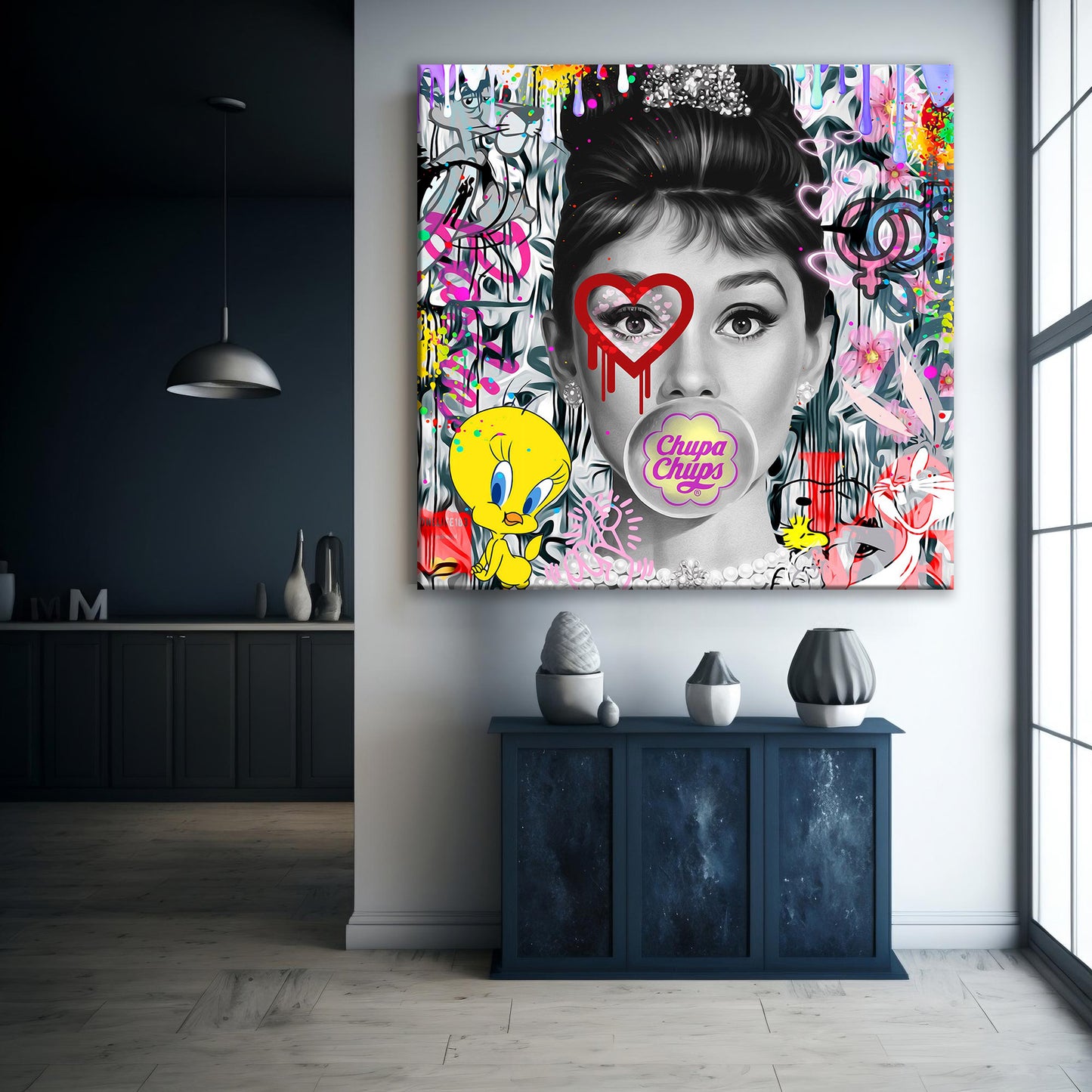 Audrey Hepburn - Chupa Chups Pop Art Canvas Wall Art, Lips Graffiti Pop Art - 286