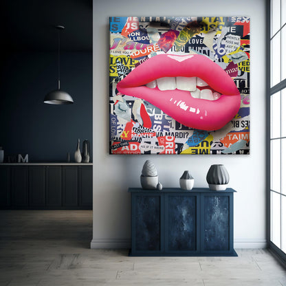 Banksy Style Square - Intense Lips Pop Art Canvas Wall Art, Lips Graffiti Pop Art - 250