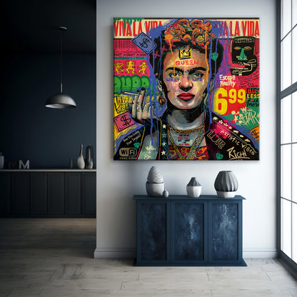 Banksy Graffiti Frida Kahlo Square Canvas Wall Art, Luxury Painting Fashion Prints, Frida Pop art - 53