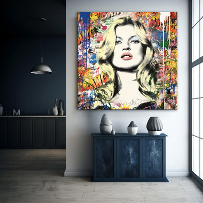 Kate Moss Pop Art Colorful Square Canvas Print, Banksy Art, Kate Moss Graffiti - 127