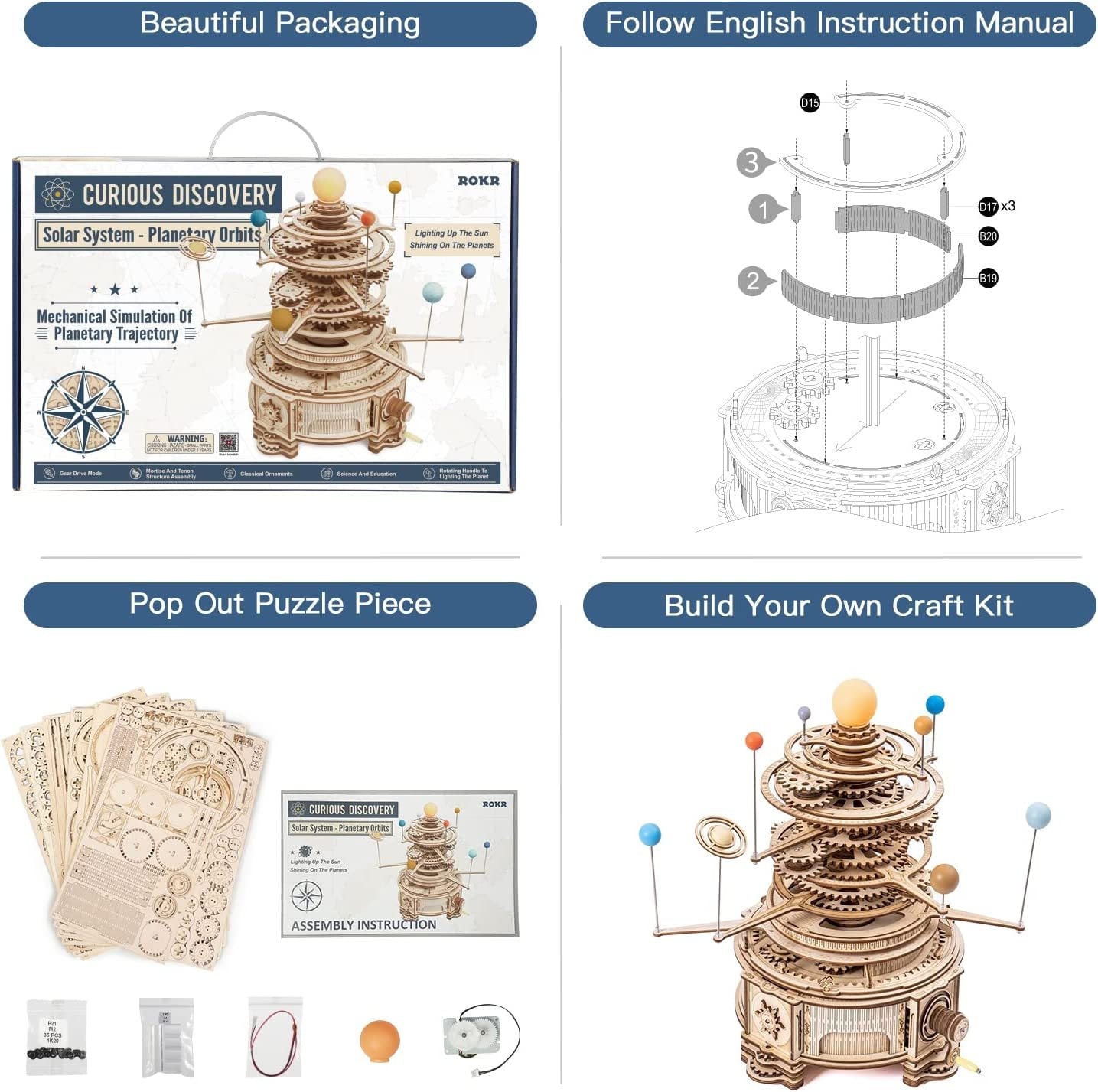 316PCS Rotatable Mechanical Orrery 3D Wooden Puzzle Games Assemble Model Building Kits Toys Gift For Children Boys