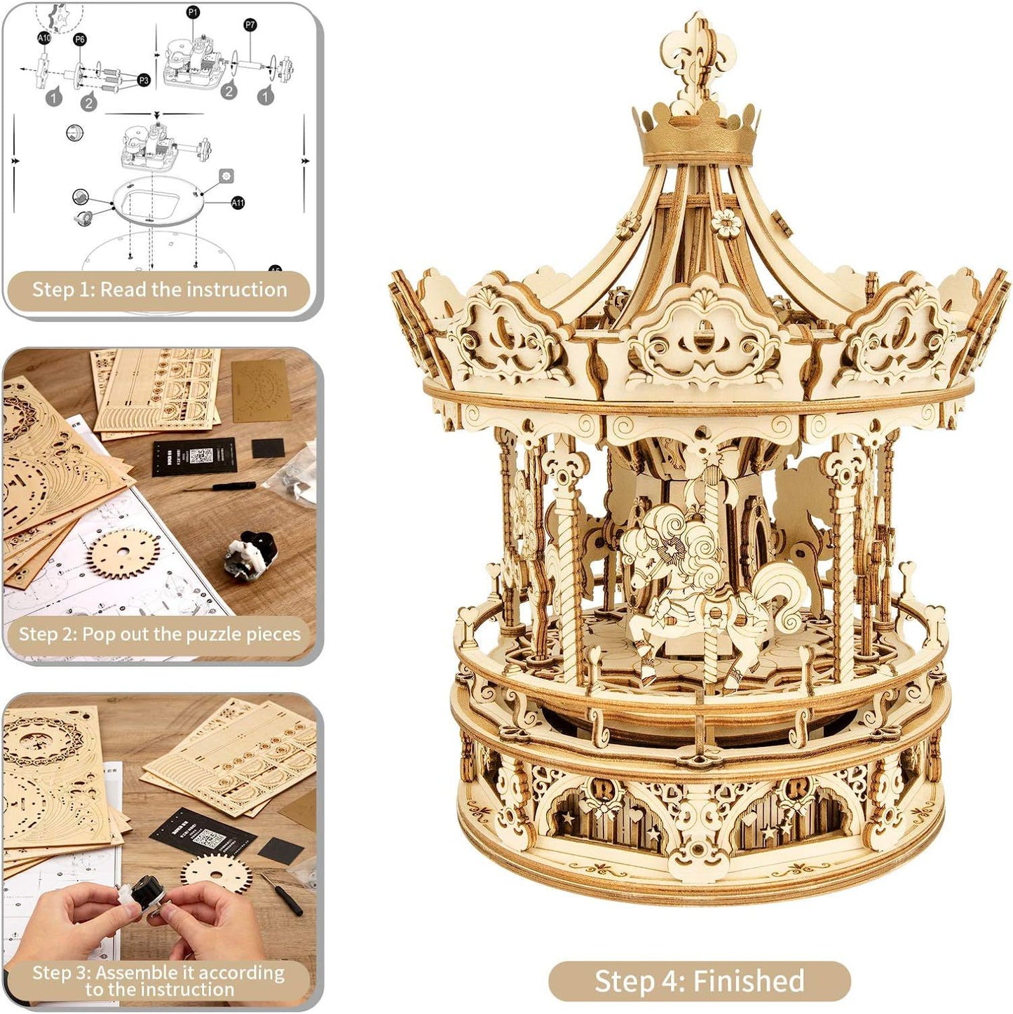 3D Wooden Puzzles Construction Model Kit DIY Music Box Building Kits Rotating - Romantic Carousel