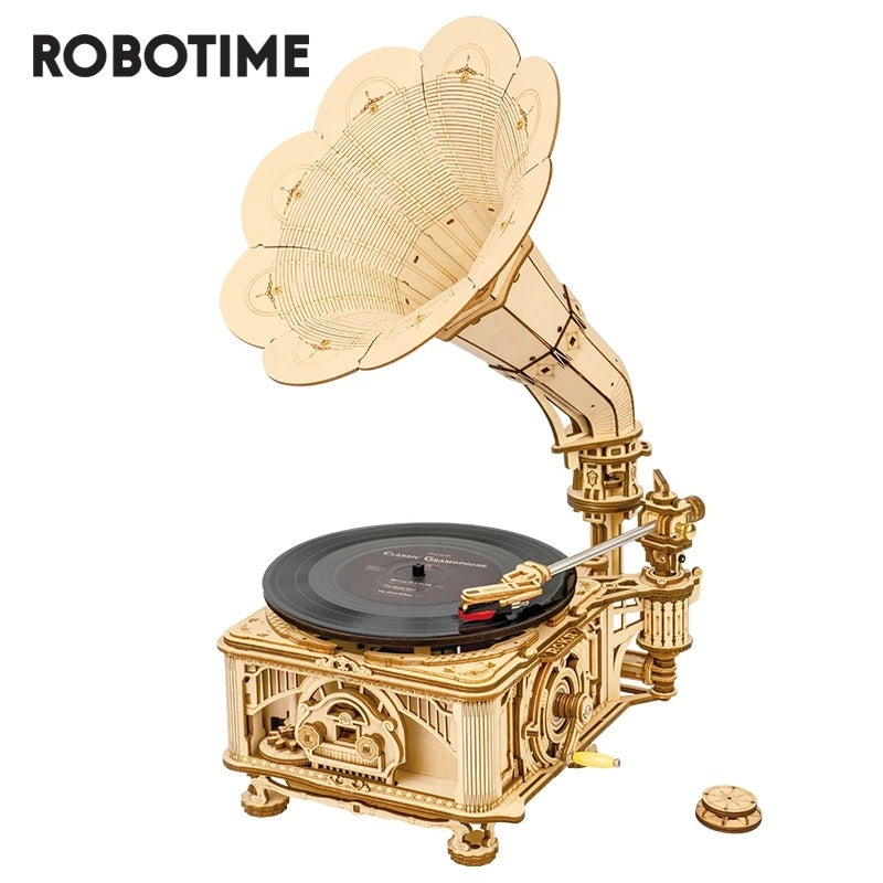 DIY Hand Crank Classic Gramophone Wooden Puzzle Model Building Kits Assembly Toy Gift For Children LKB01