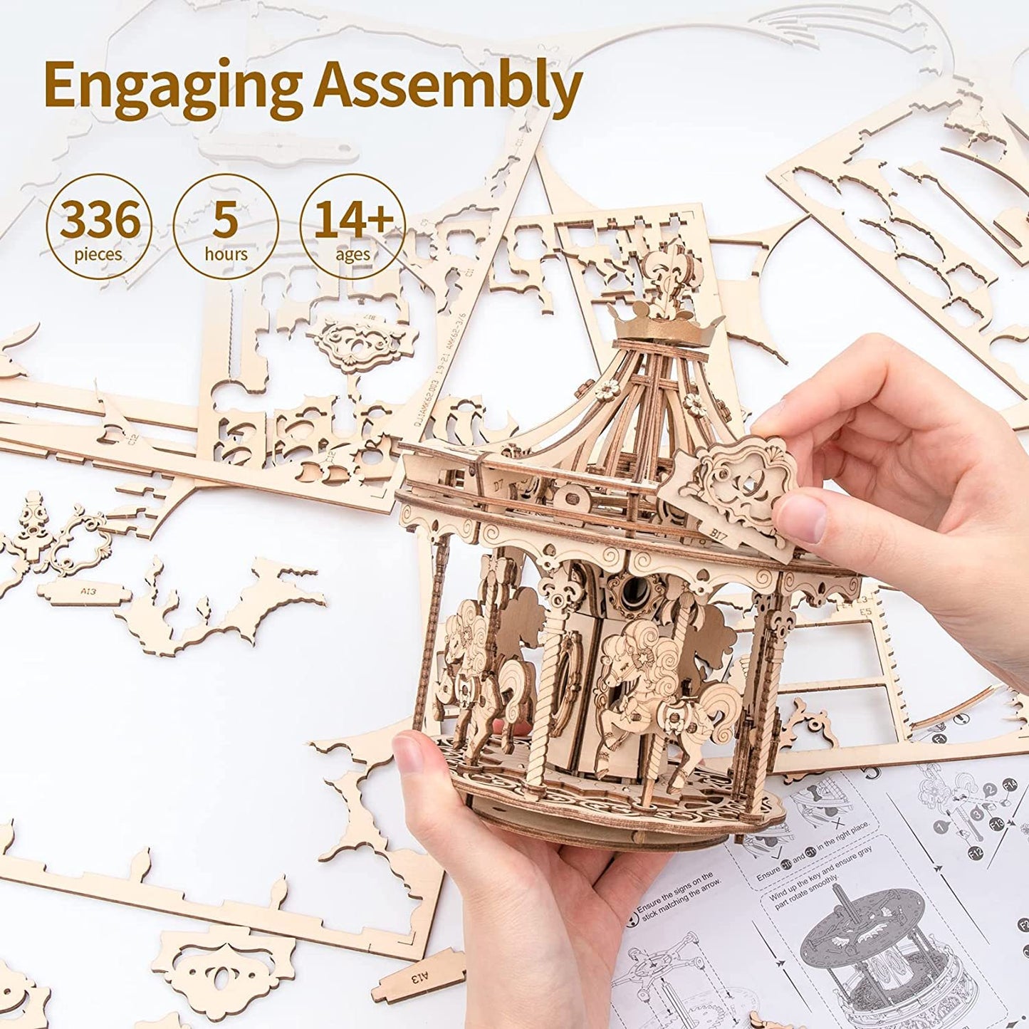 3D Wooden Puzzles Construction Model Kit DIY Music Box Building Kits Rotating - Romantic Carousel