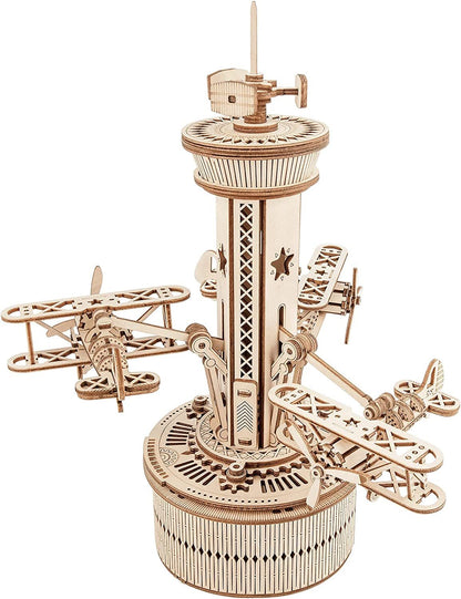 3D Wooden Puzzles For Adults DIY Musical Box Model Kit To Build Self-Assembly Building Kit Airplane- Control Tower