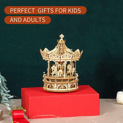 3D Wooden Puzzles Construction Model Kit DIY Music Box Building Kits Rotating - Romantic Carousel