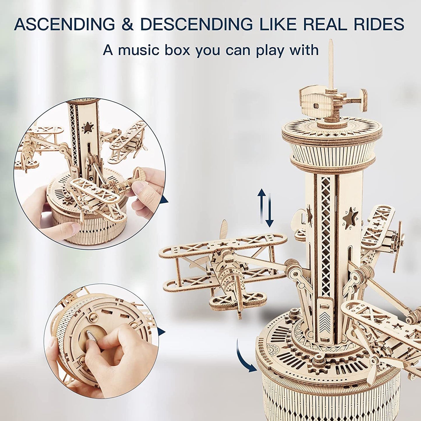 3D Wooden Puzzles For Adults DIY Musical Box Model Kit To Build Self-Assembly Building Kit Airplane- Control Tower