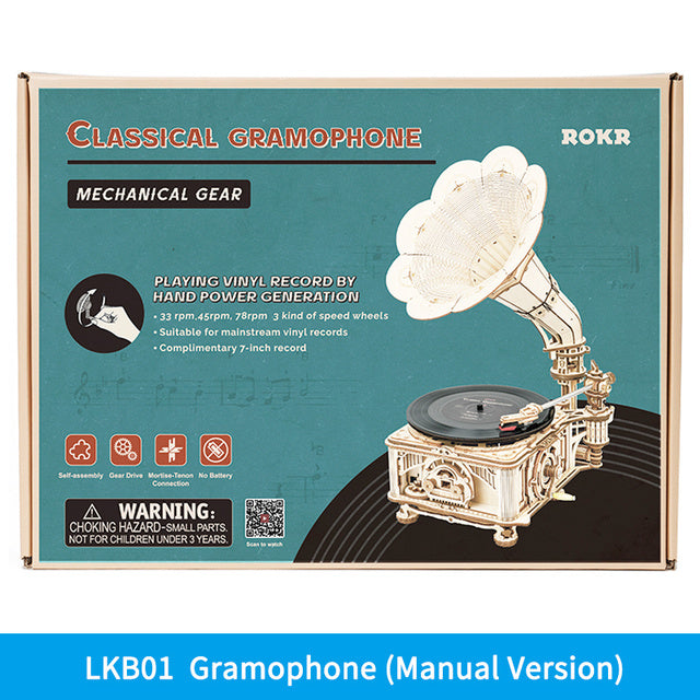 DIY Hand Crank Classic Gramophone Wooden Puzzle Model Building Kits Assembly Toy Gift For Children LKB01