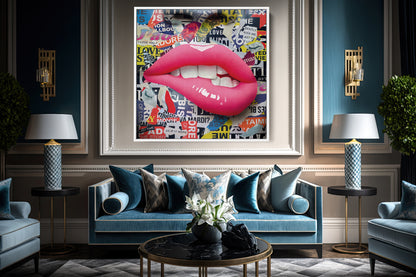 Banksy Style Square - Intense Lips Pop Art Canvas Wall Art, Lips Graffiti Pop Art - 250