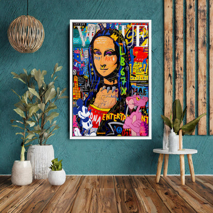 Mona Lisa with Mickey Mouse and Pink Panther Pop Art Oil Painting, Street Graffiti Wall Art Pop 013