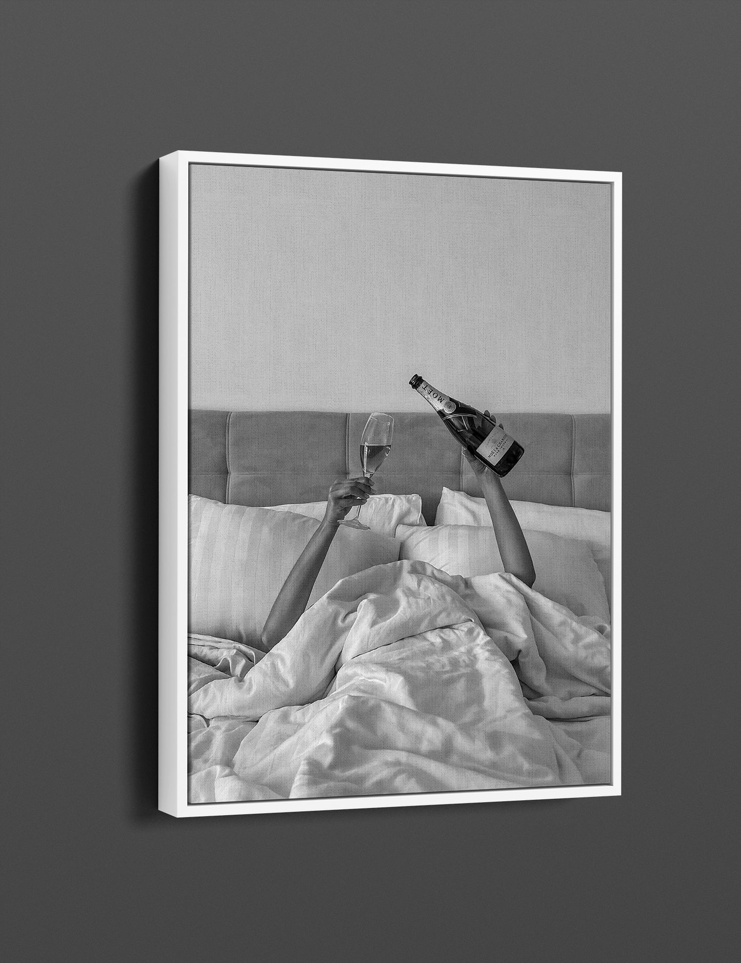 Woman Drinking Wine in Bed Canvas Art, Feminist Poster, Black and White - PPL-133