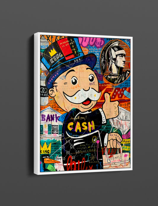 Monopoly Street Graffiti Pop Art Canvas Wall Art, Monopoly Man CASH Popart Framed Print - 73