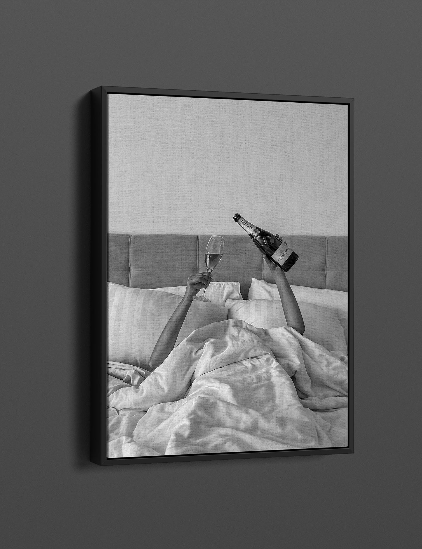 Woman Drinking Wine in Bed Canvas Art, Feminist Poster, Black and White - PPL-133