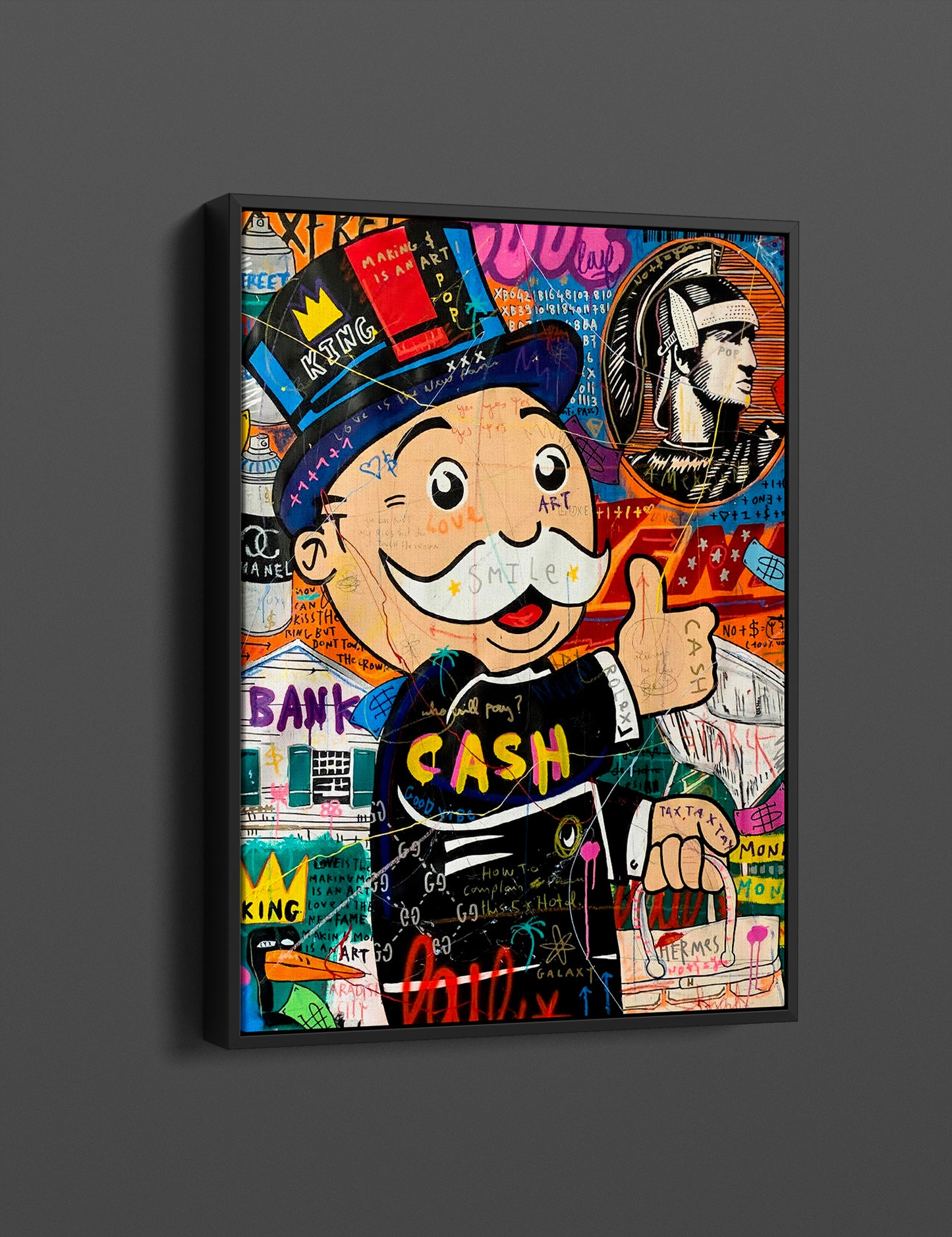 Monopoly Street Graffiti Pop Art Canvas Wall Art, Monopoly Man CASH Popart Framed Print - 73