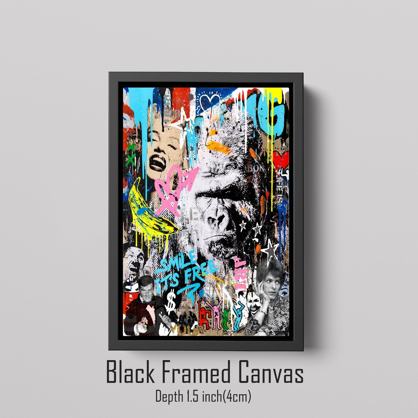 Harambe - Smile, Its Free Pop Art Print Brainwash Canvas Print Modern Wall Art Urban Graffiti - 276