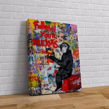 Follow Your Dreams Pop Art Canvas Print, Banksy Art, Monkey Graffiti Canvas