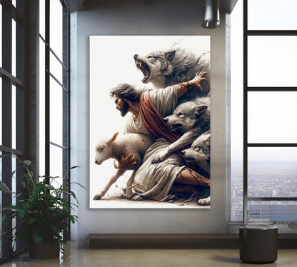 Jesus saves the lamb from the wolvesr Canvas Print, Religious Painting - G97