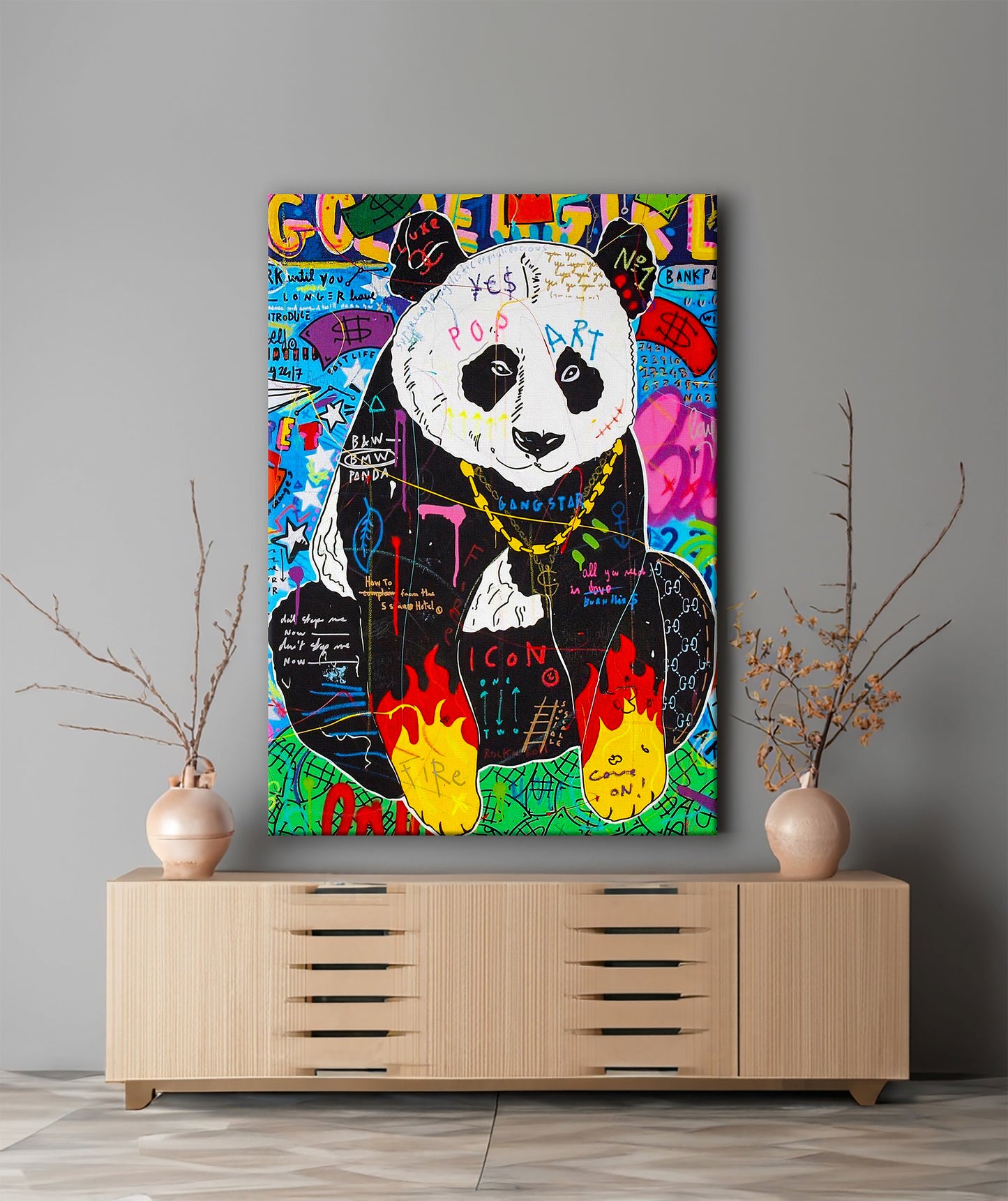 Panda Banksy Pop Art Oil Painting - Burning Hands Pop Style Graffiti Wall Art Pop 019