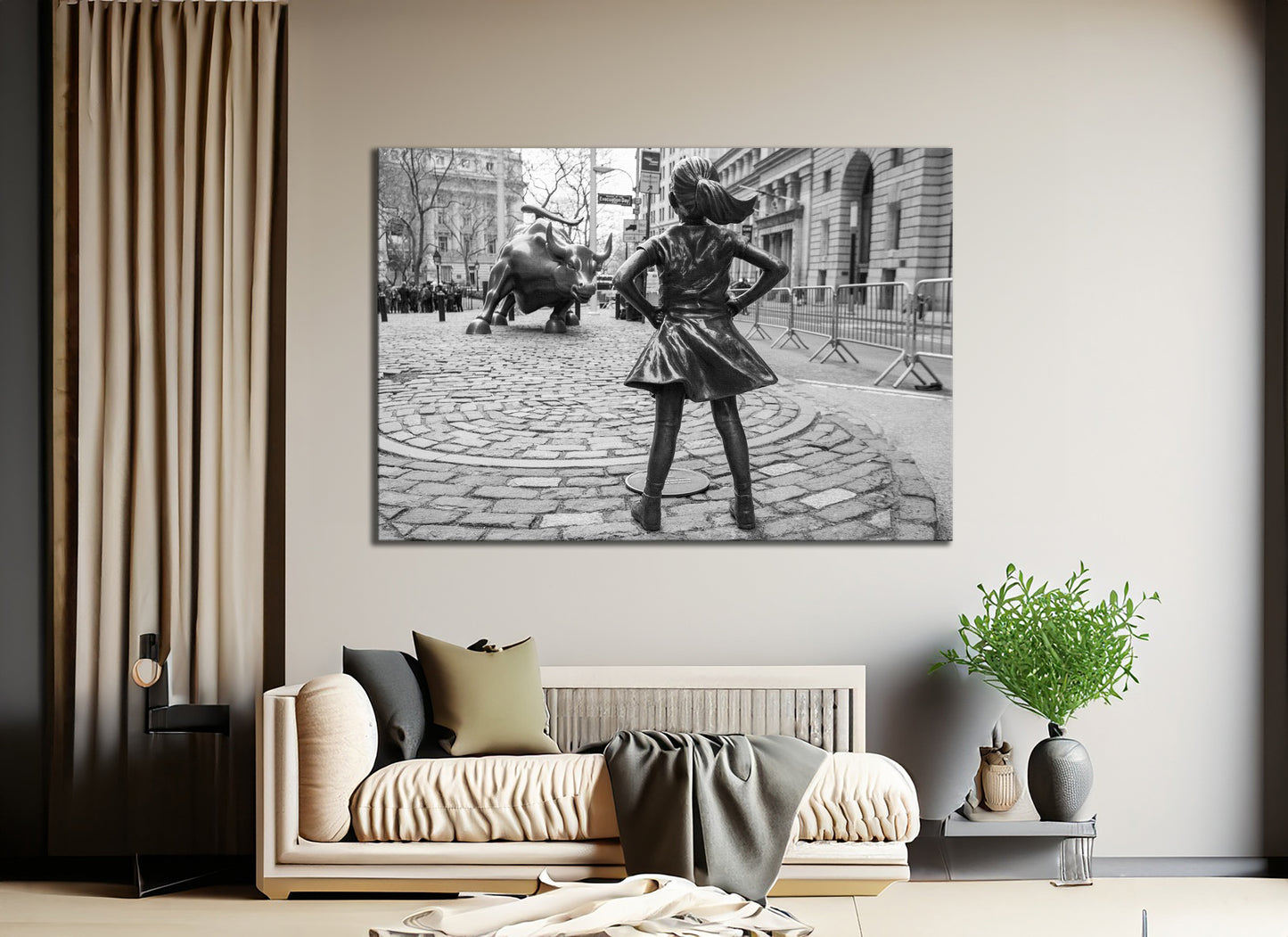 Fearless Girl And Bull Black And White Canvas Art Print, Wall Street Wall Art - PPL40