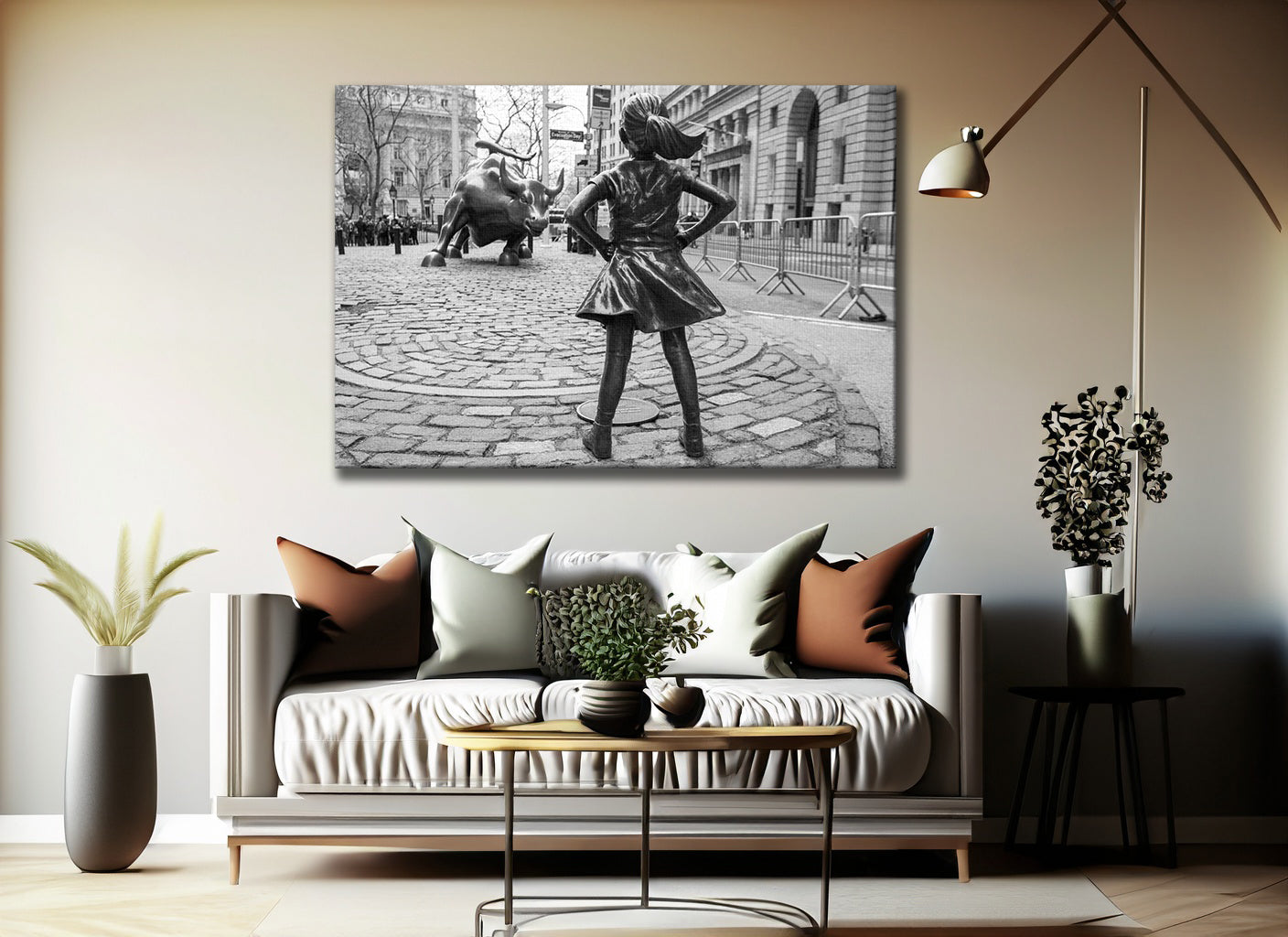 Fearless Girl And Bull Black And White Canvas Art Print, Wall Street Wall Art - PPL40