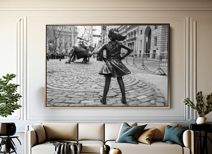 Fearless Girl And Bull Black And White Canvas Art Print, Wall Street Wall Art - PPL40
