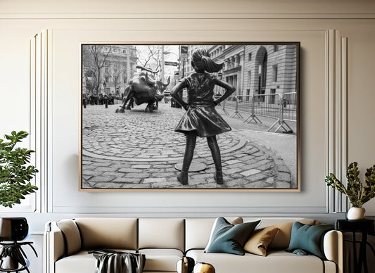 Fearless Girl And Bull Black And White Canvas Art Print, Wall Street Wall Art - PPL40