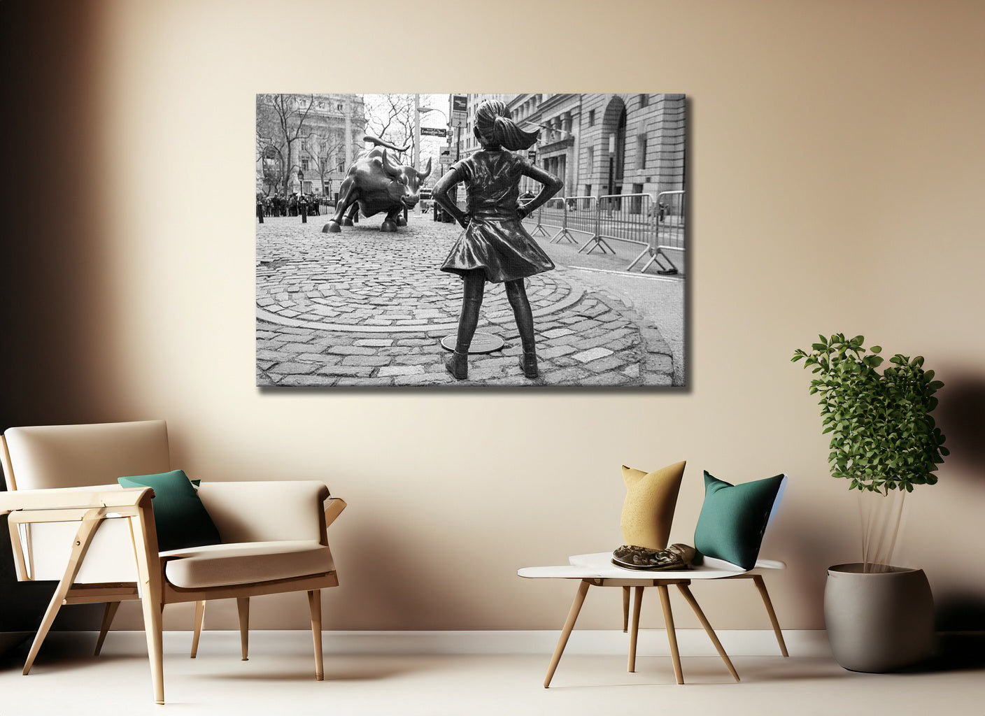 Fearless Girl And Bull Black And White Canvas Art Print, Wall Street Wall Art - PPL40