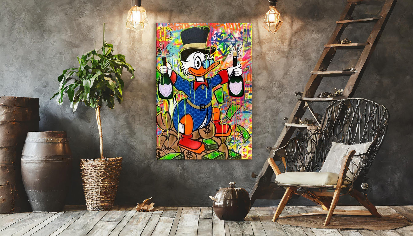 Scrooge McDuck Party Fun Pop Art Oil Painting, McDuck Street Graffiti Pop Art Paint, Banksy Style McDuck Oil paint - Artsber 1