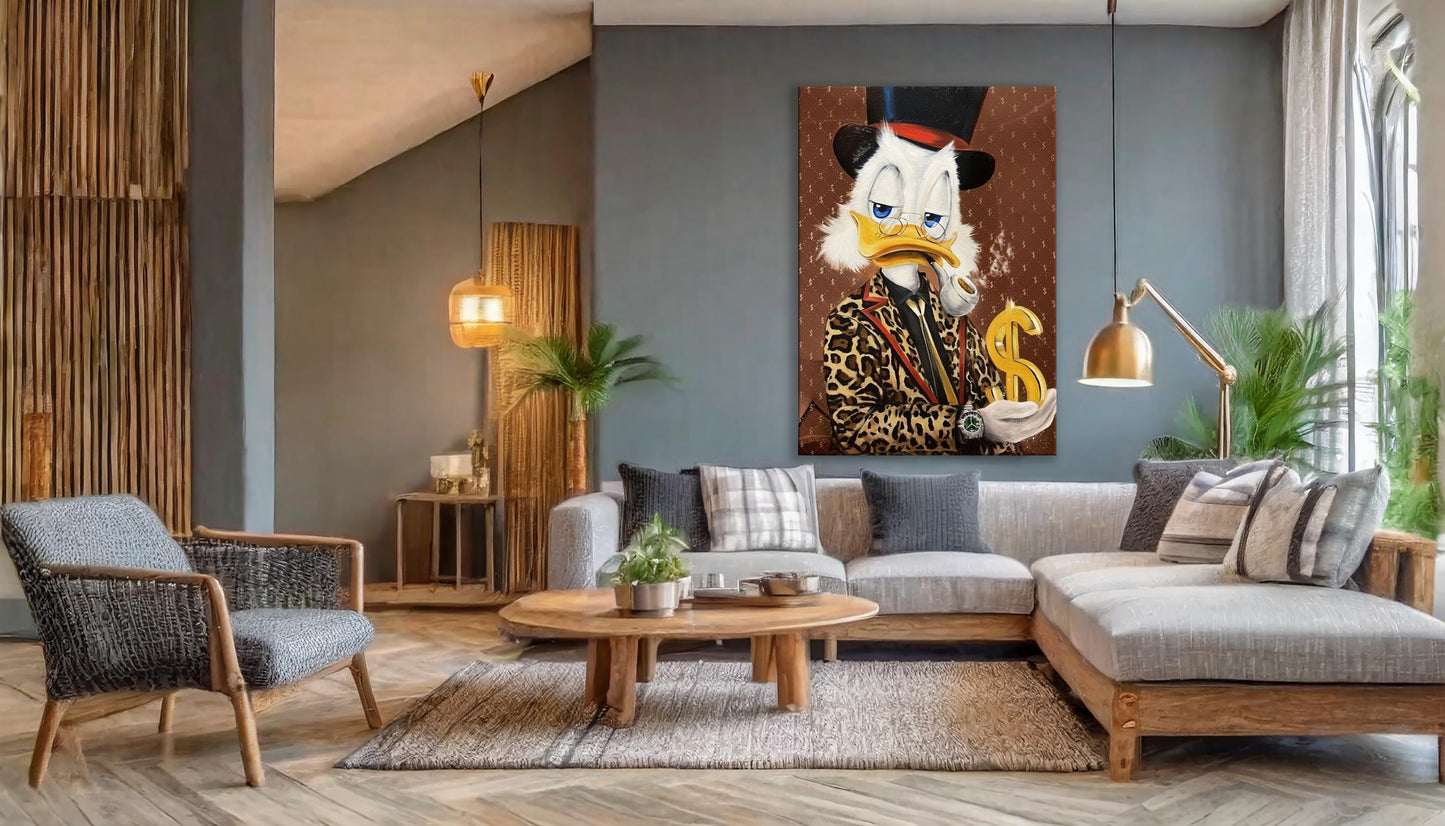 Scrooge McDuck Holding Dollar and Smoking Pipe Pop Art Oil Painting, Rich McDuck Street Graffiti Pop Art Paint, Banksy Style McDuck Oil Paint - Artsber 3