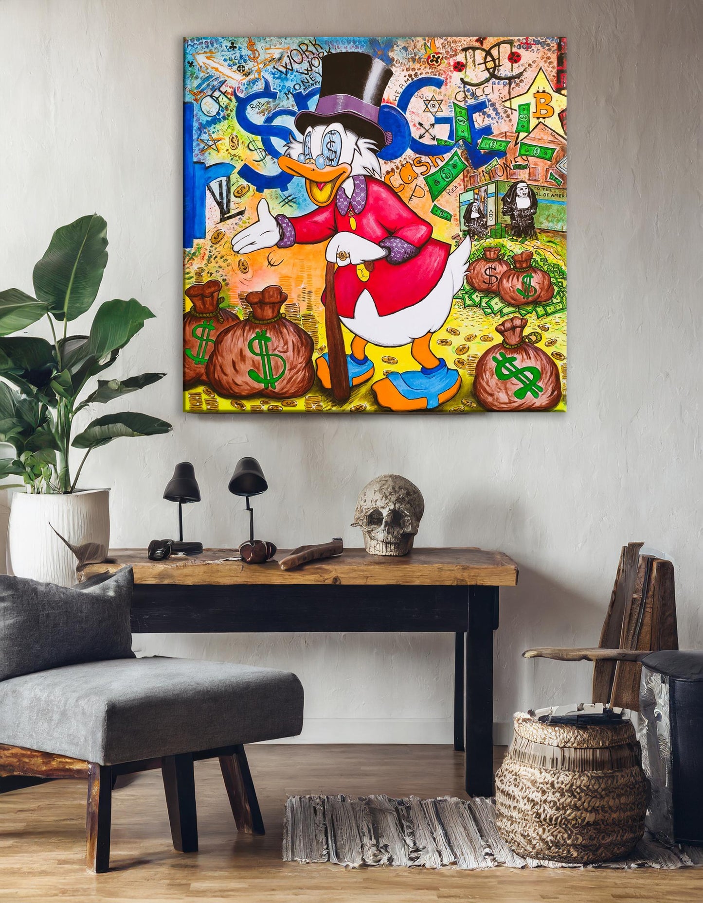 Scrooge McDuck in Dollars Rich Pop Art Canvas Wall Art - ARTSBER-5