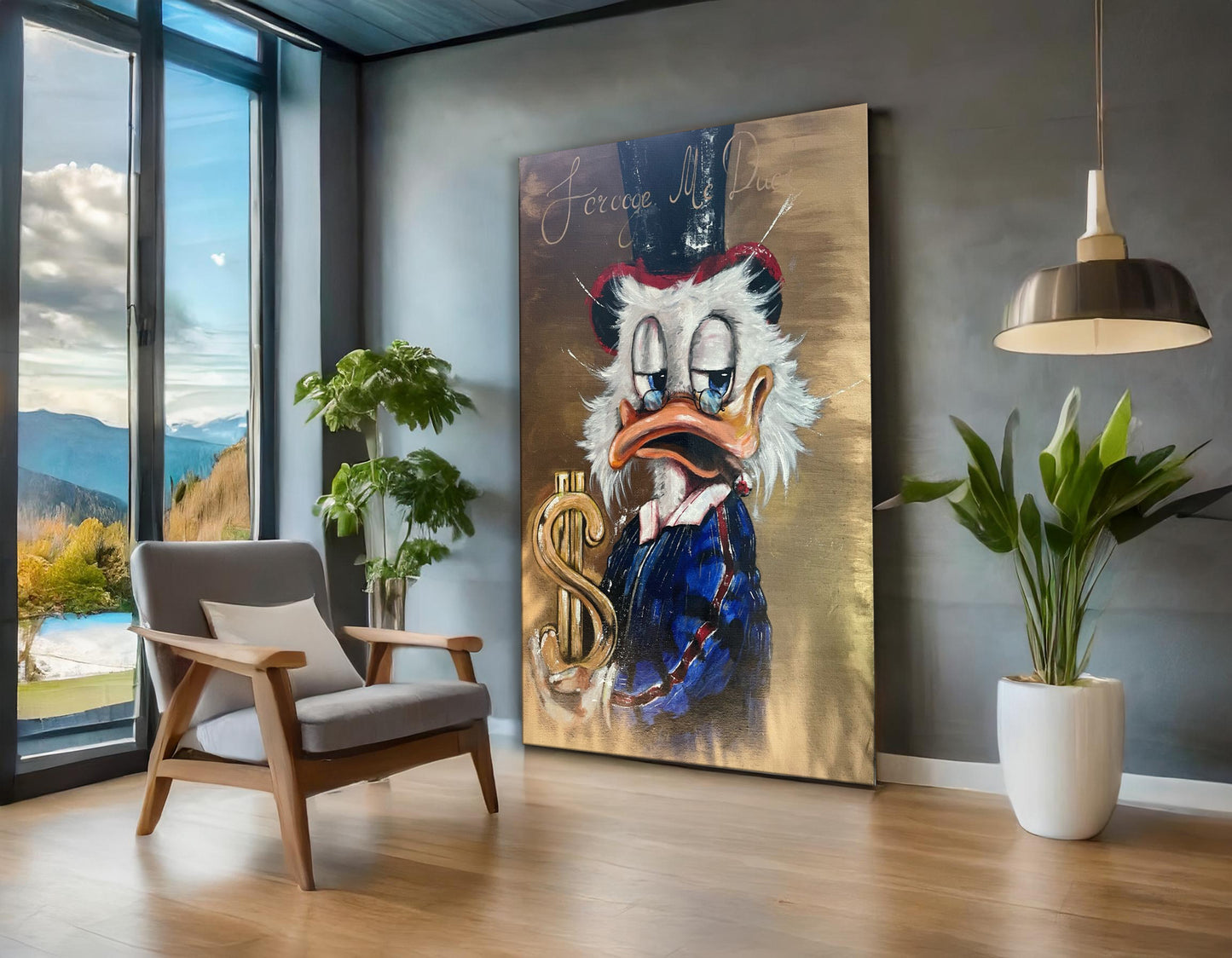 Scrooge McDuck Holding Dollar and Smoking Cigar Pop Art Oil Painting, McDuck Street Graffiti Pop Art Paint, Banksy Style McDuck Oil Paint - Artsber 2