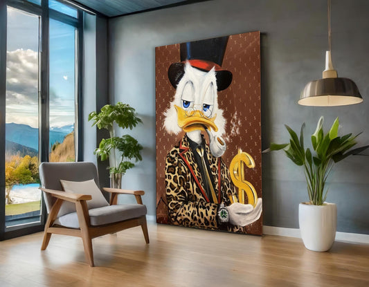 Scrooge McDuck Holding Dollar and Smoking Pipe Pop Art Oil Painting, Rich McDuck Street Graffiti Pop Art Paint, Banksy Style McDuck Oil Paint - Artsber 3