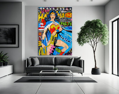 Banksy  Wonder Woman Oil Painting Pop Art Canvas Print -  Wonder Woman Pop Art Graffiti Wall Art, Pop Art Graffiti Home Decor, Pop Art Room Decor - 28