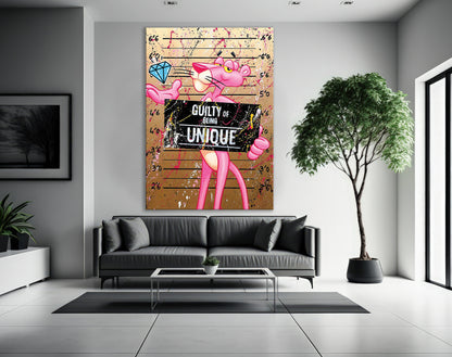 Pink Panther Guilty of Being Unique Canvas Wall Art, Banksy Style Pop Art - 175