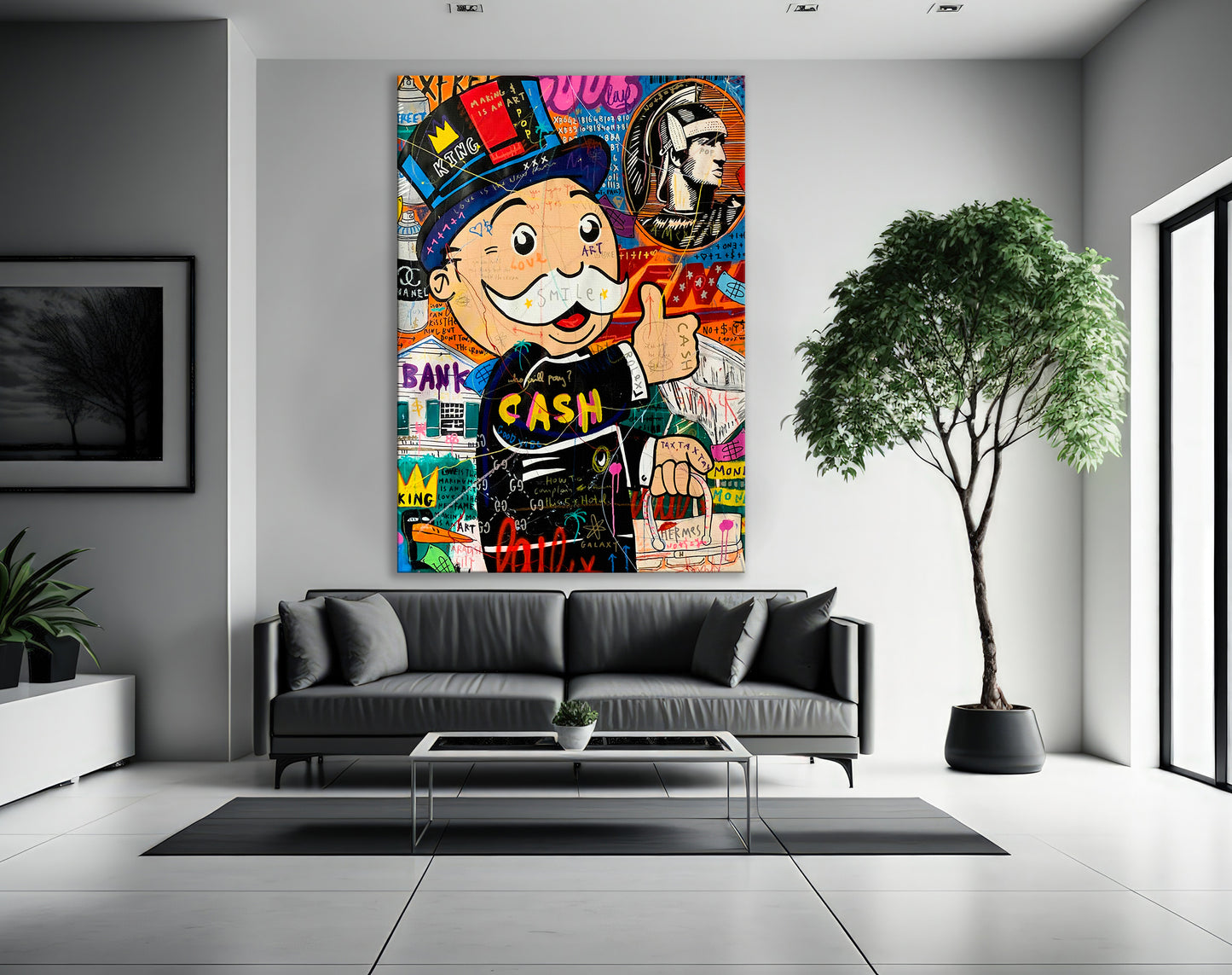 Monopoly Street Graffiti Pop Art Canvas Wall Art, Monopoly Man CASH Popart Framed Print - 73