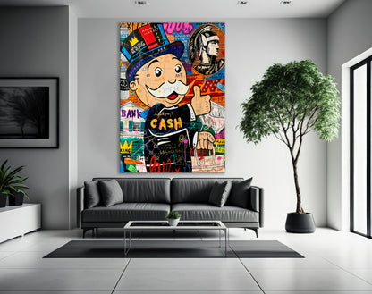 Monopoly Street Graffiti Pop Art Canvas Wall Art, Monopoly Man CASH Popart Framed Print - 73