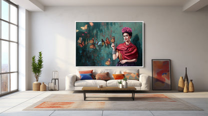 Frida Kahlo And Butterfly Oil Paint Print,  Frida Kahlo Wall Art - PPL16