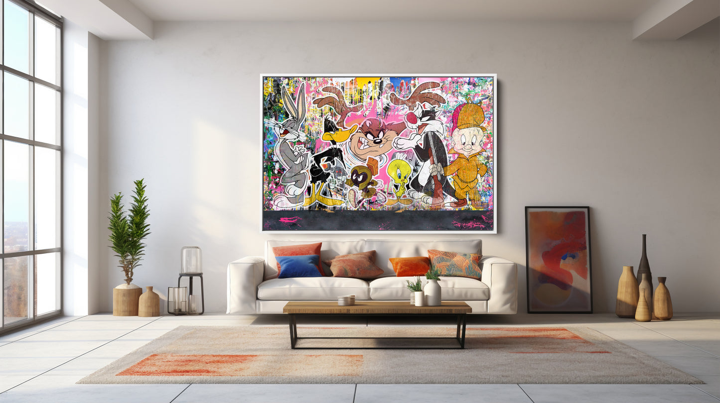 Banksy Style Looney Tunes Multi Characters Graffiti Pop Art, Looney Tunes Cartoon Canvas - 318