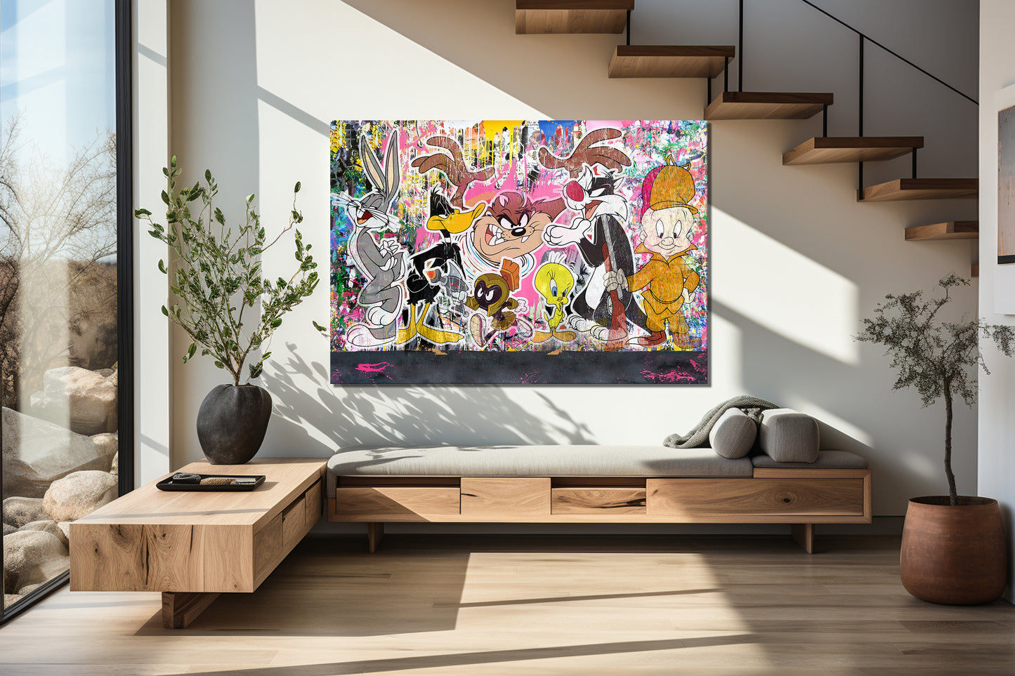 Banksy Style Looney Tunes Multi Characters Graffiti Pop Art, Looney Tunes Cartoon Canvas - 318