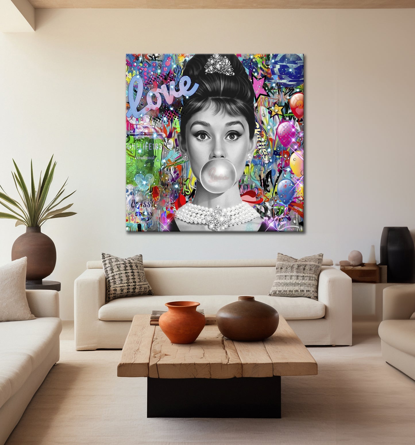 Square - Audrey Hepburn Pop Art Canvas Wall Art, Lips Graffiti Pop Art - 287