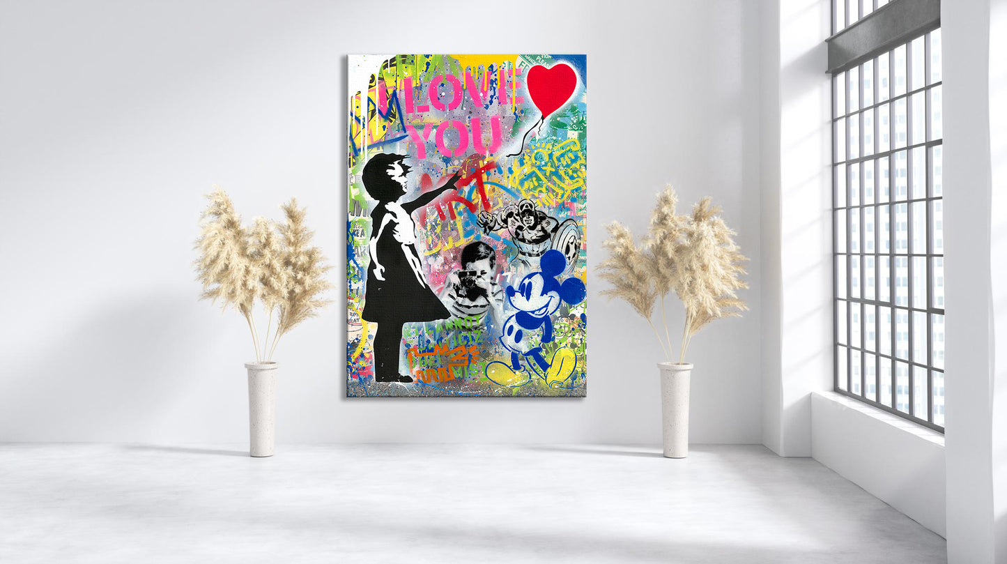 Banksy Balloon Girl Pop Art Canvas Wall Art, Banksy Art,  Balloon Girl Graffiti, Street Graffiti Wall Art, Banksy  I LOVE UOU