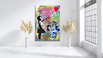 Banksy Balloon Girl Pop Art Canvas Wall Art, Banksy Art,  Balloon Girl Graffiti, Street Graffiti Wall Art, Banksy  I LOVE UOU