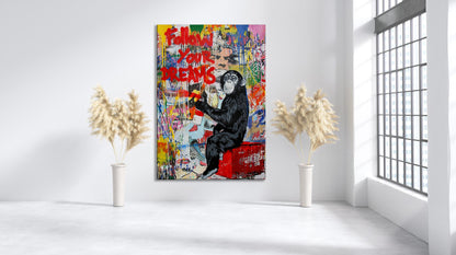 Follow Your Dreams Pop Art Canvas Print, Banksy Art, Monkey Graffiti Canvas