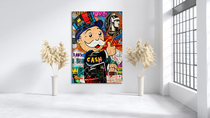 Monopoly Street Graffiti Pop Art Canvas Wall Art, Monopoly Man CASH Popart Framed Print - 73